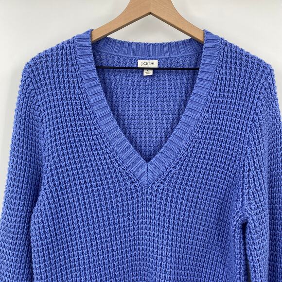 J Crew Cotton Waffle Chunky Knit Thermal Sweater V Neck Periwinkle Blue Large - Picture 3 of 7